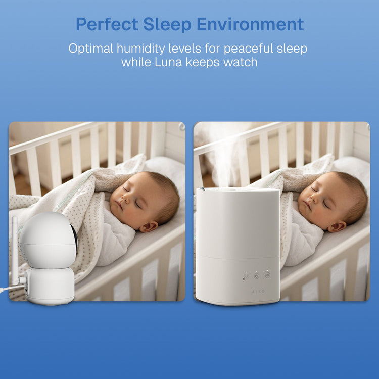 Baby sleeping in a crib with a humidifier labeled 'Perfect Sleep Environment' on a blue background.