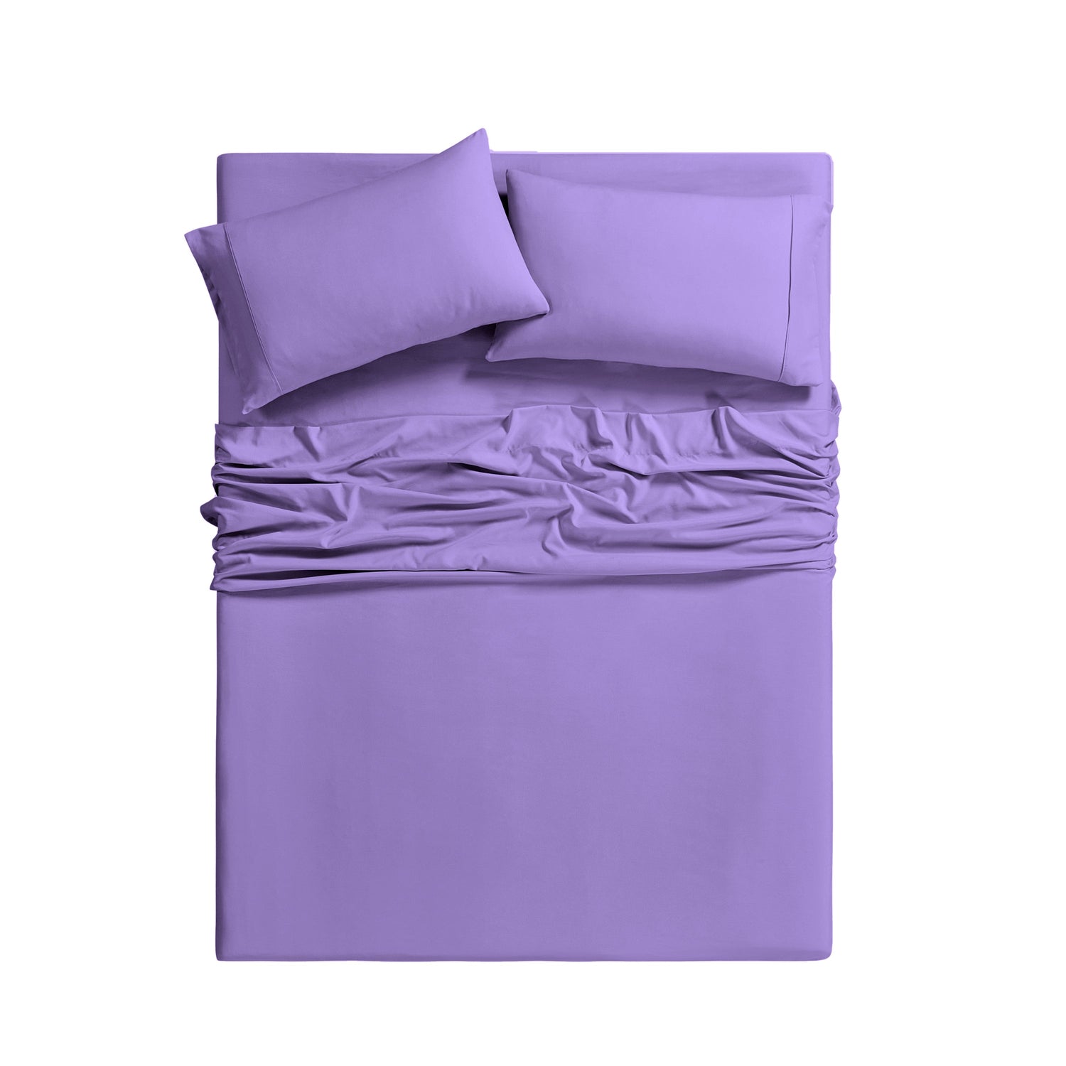 Purple bedding set with fitted sheet and two pillows on a white background