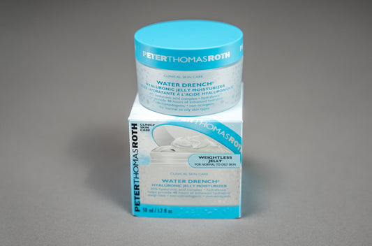 Peter Thomas Roth Water Drench hydrating gel moisturizer with packaging on a gray background