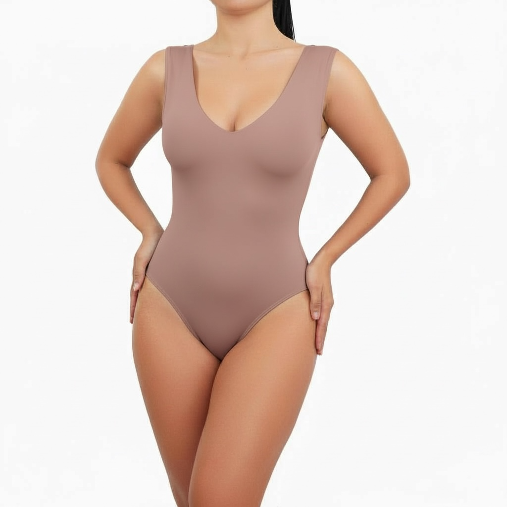 Brown bodysuit worn by a model on a white background