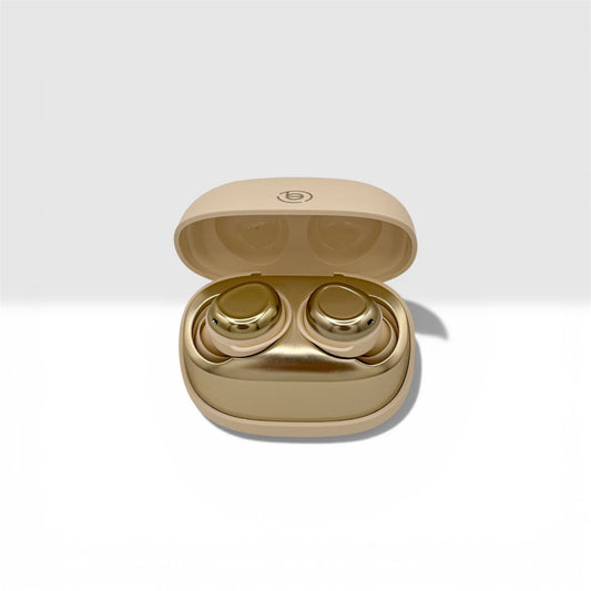 Gold wireless earbuds in an open case on a white background