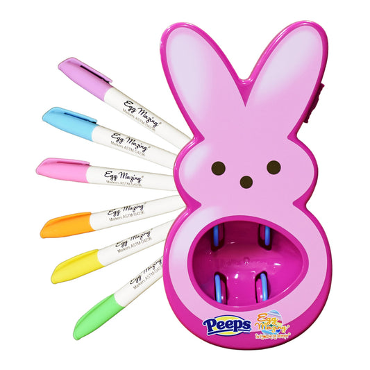 Pink bunny-shaped holder with colorful markers on a white background