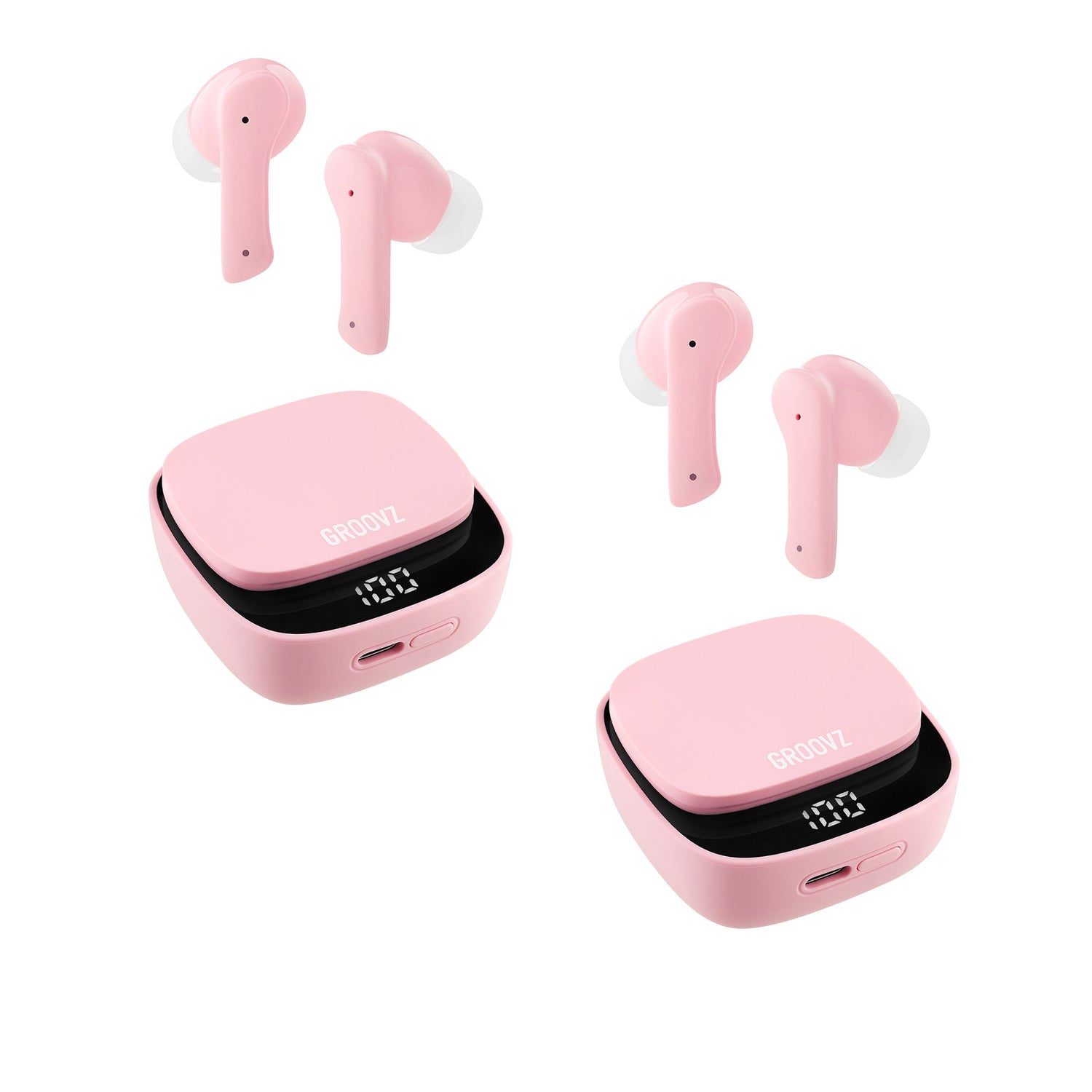 Pink wireless earbuds with charging cases on a white background