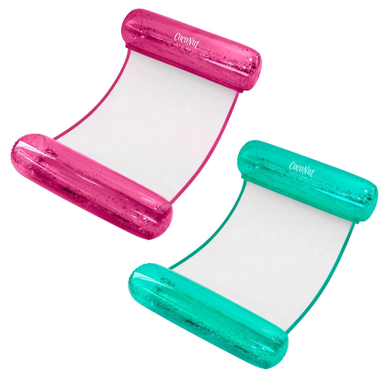 Two inflatable pool floats, one pink and one green, on a white background.