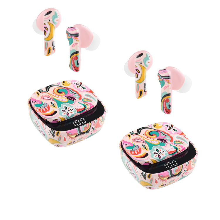 Colorful wireless earbuds with matching case on a white background