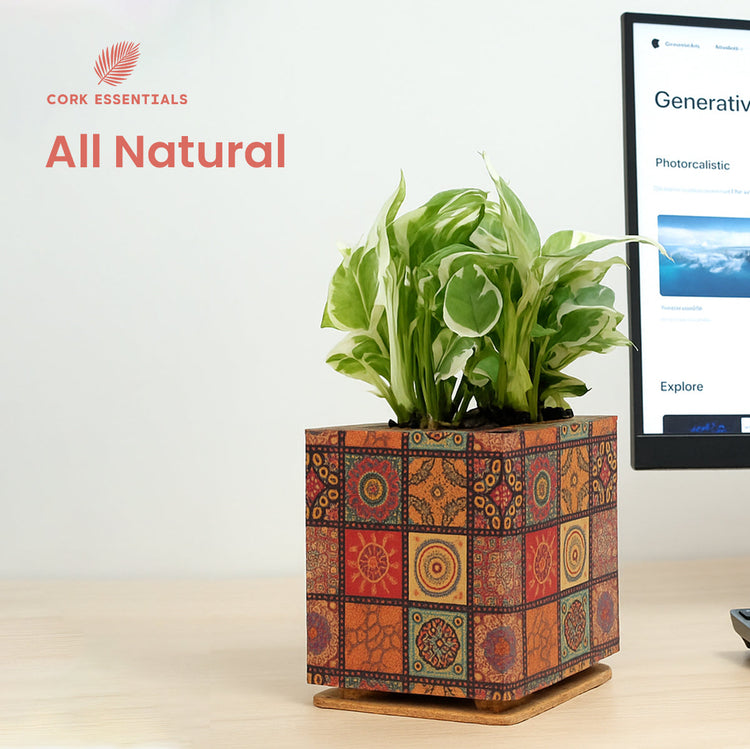 Decorative plant pot with a colorful pattern on a desk next to a computer screen.