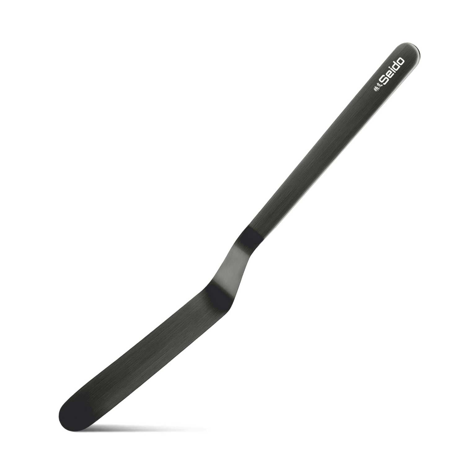 Flexible plating spatula (9 in / 229 mm) full view with brushed finish on a white background.