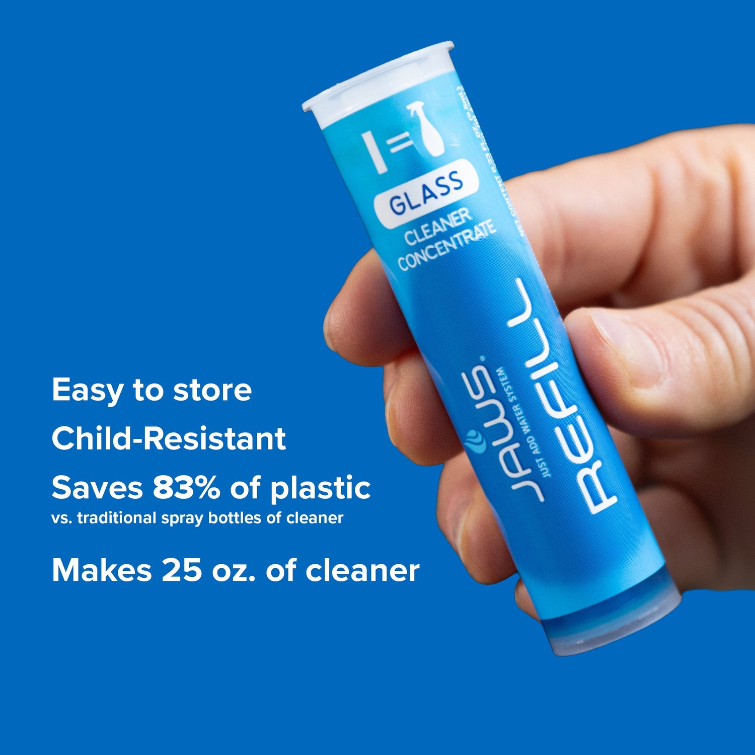 Hand holding a blue glass cleaner concentrate refill tube with text on a blue background