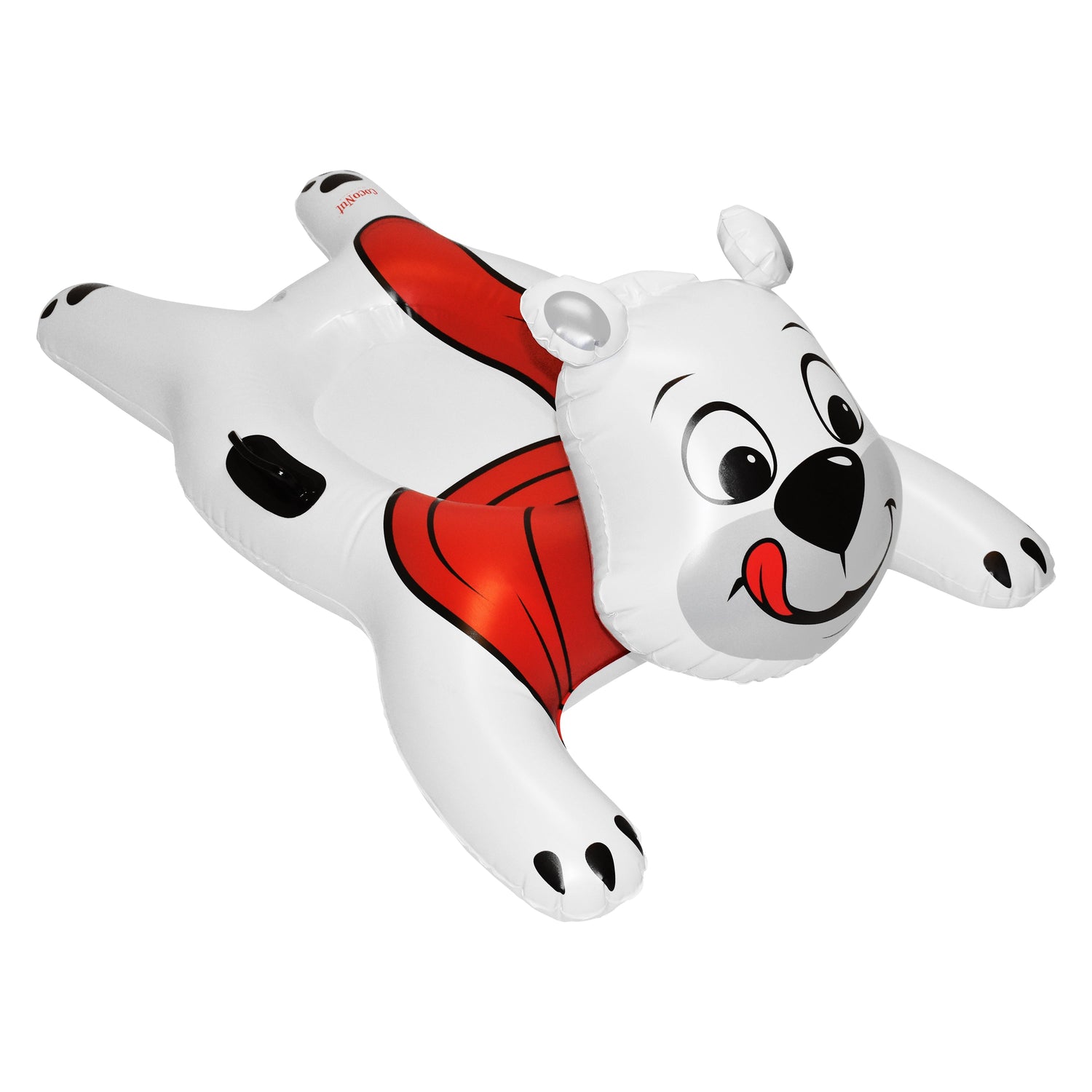 Inflatable dog-shaped pool float with a red interior on a white background