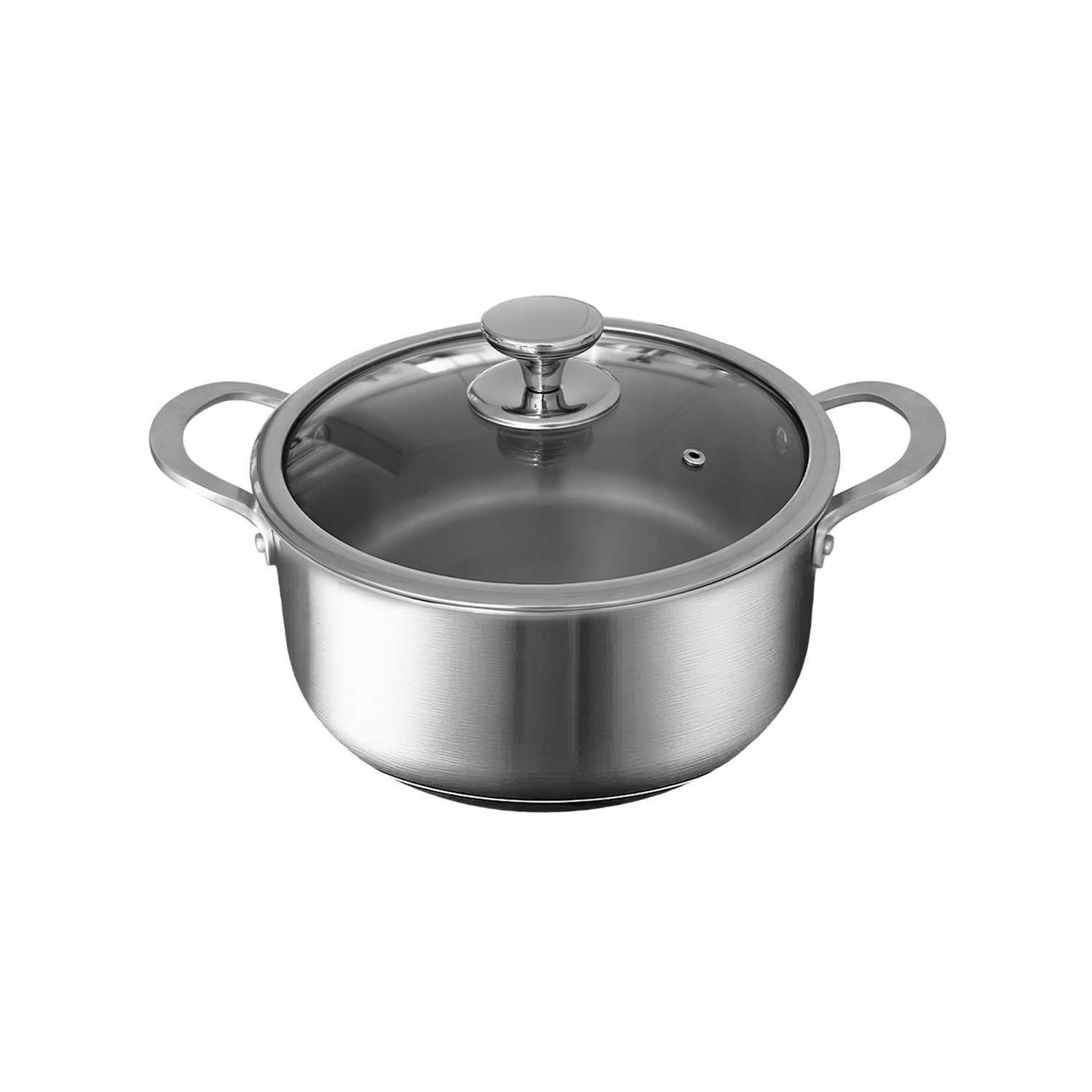Stainless steel pot with lid on a white background