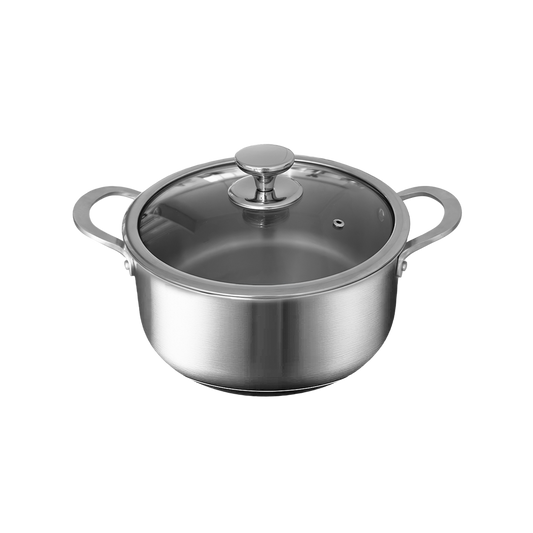 Set of stainless steel cookware including pots, pans, and utensils on a white background