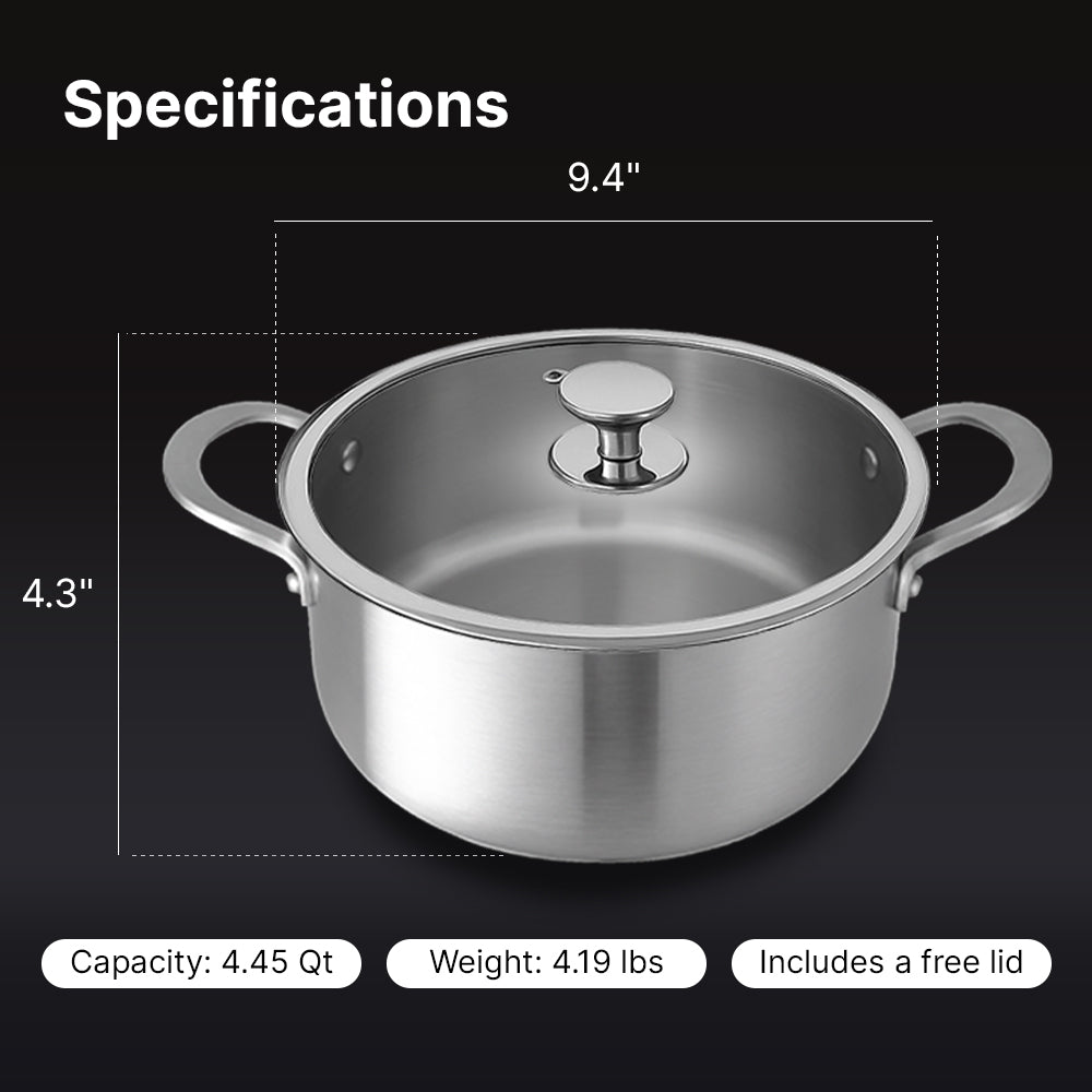 Stainless steel pot with lid and specifications on a black background