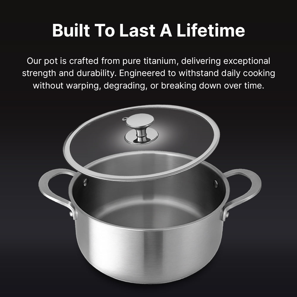 Titanium pot with lid on a black background, featuring text about its durability.