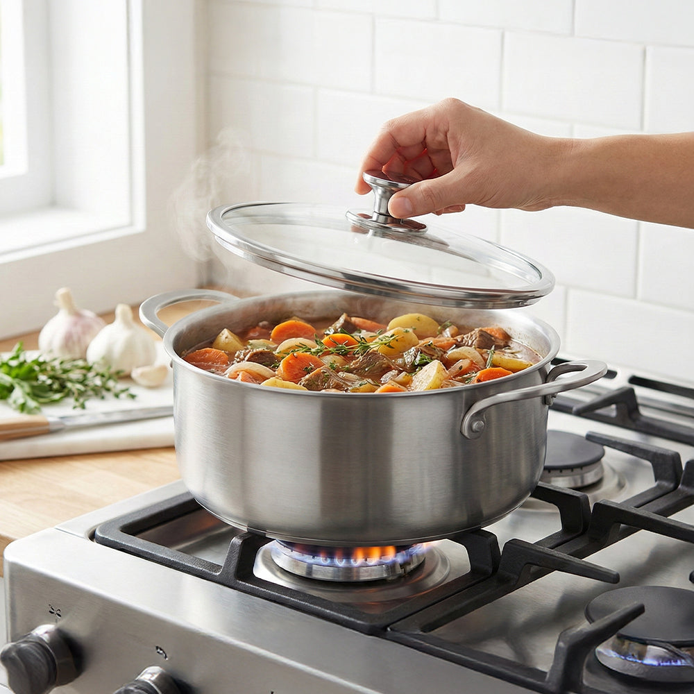 Stainless steel pot on a gas stove with a hand lifting the lid, surrounded by kitchen items.