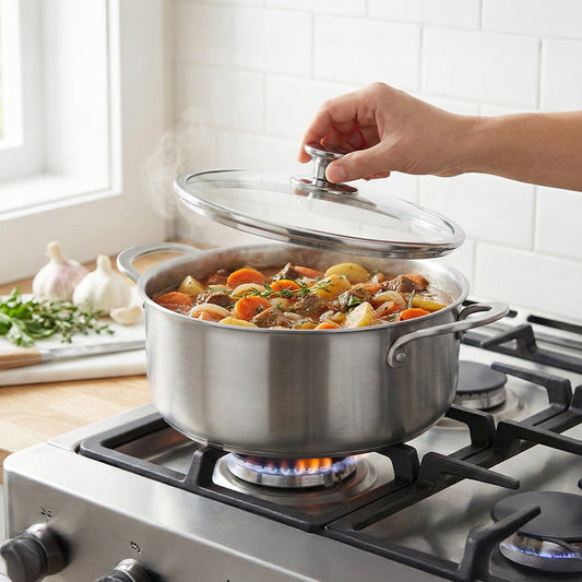 Stainless steel pot with lid on a white background