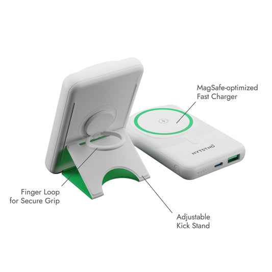 A white NYTSTND Pulse Power Bank with a green circle indicating the magnetic charging area, featuring an adjustable kickstand.