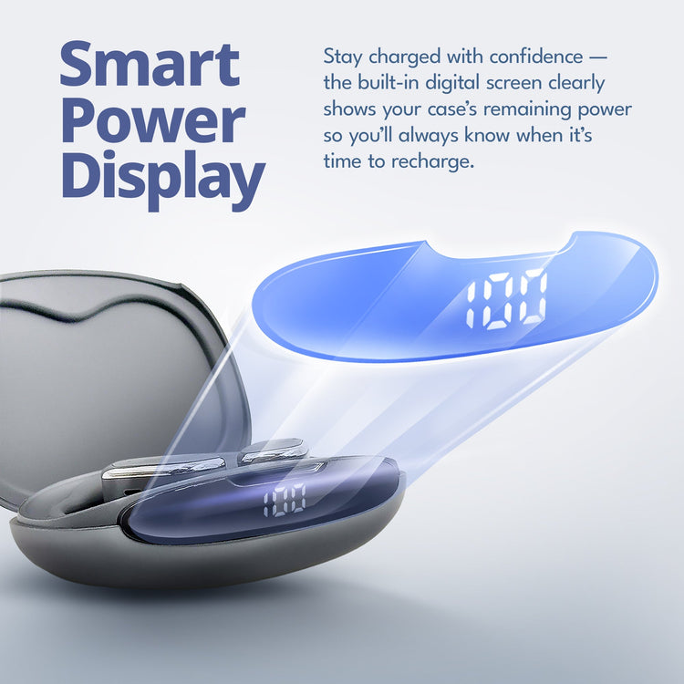 Smart power display case with digital screen showing battery level on a light gray background