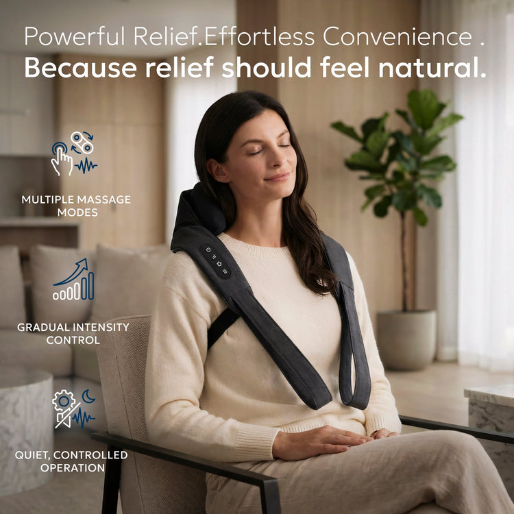 Woman using a neck and shoulder massager in a living room setting with text about product features.