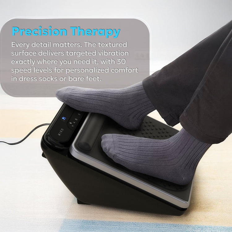 Person using a foot massager with text about precision therapy and vibration control.