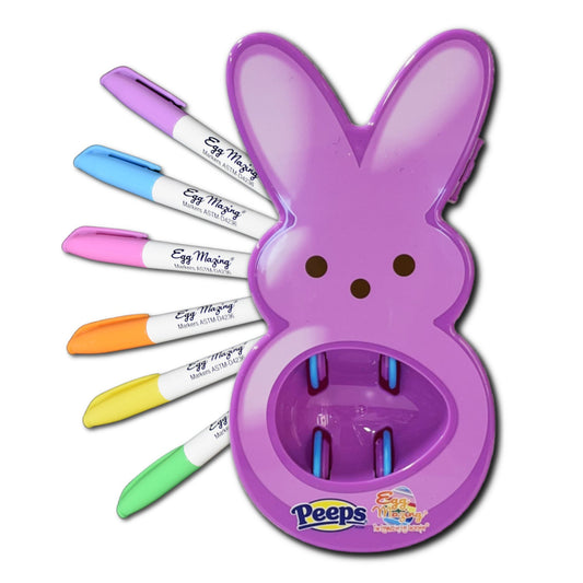 Purple bunny-shaped Peeps marker holder with five colorful markers on a white background