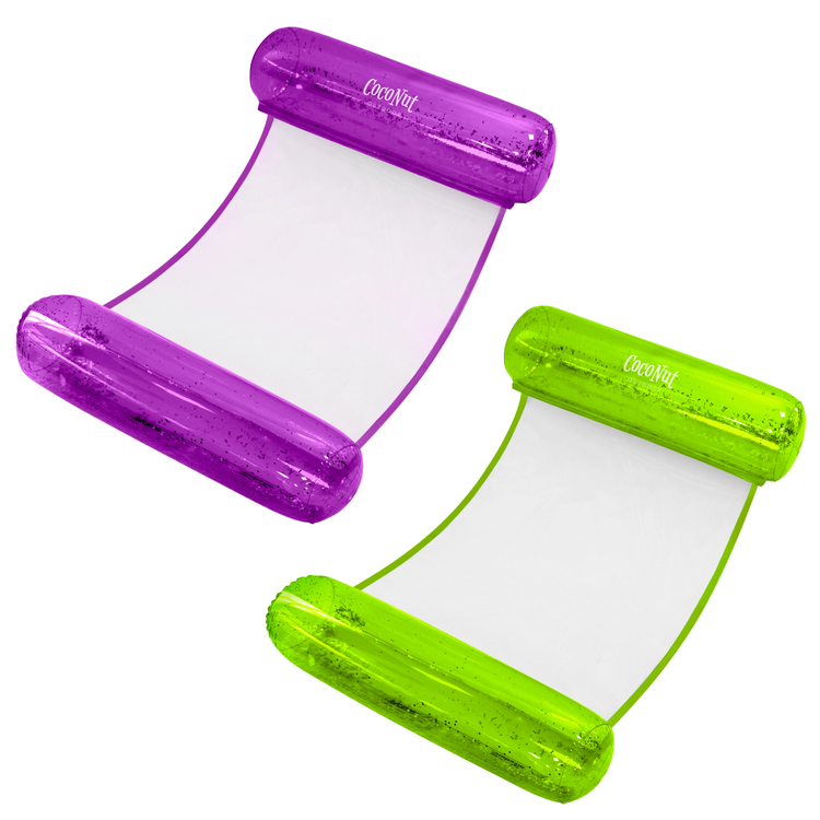 Two inflatable pool floats with purple and green handles on a white background