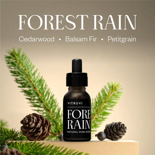 Vitruvi Forest Rain push-scent refill box on a white background