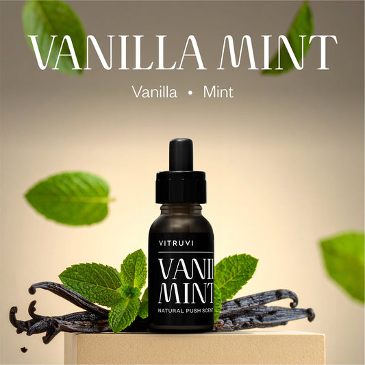Vitruvi Vanilla Mint push-scent refill packaging on a white background