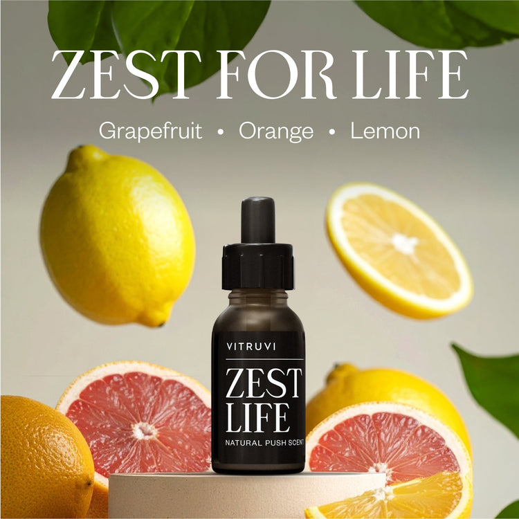 Vitruvi Zest Life natural product with lemons and grapefruit on a light background