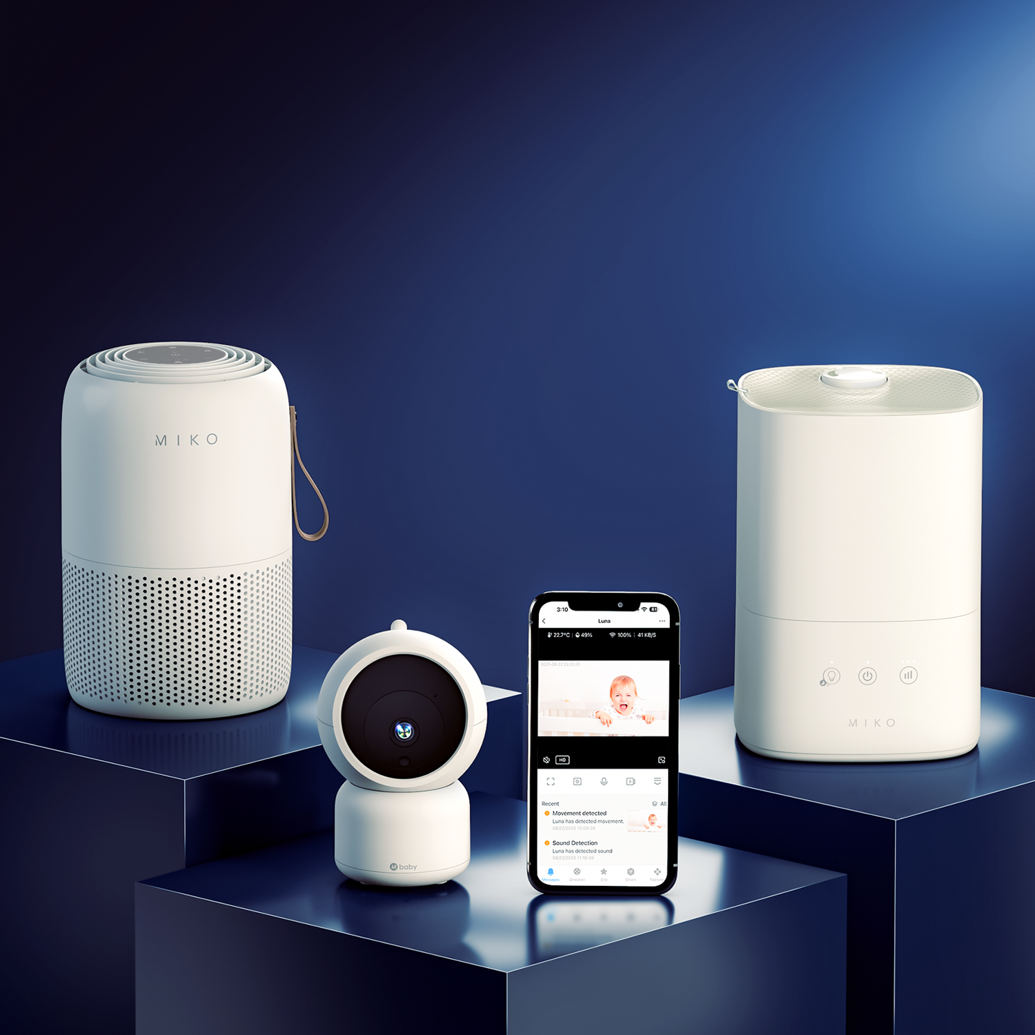 Set of white electronic devices on a blue background with a smartphone displaying an app interface.