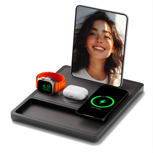 A black 4-in-1 MagSafe wireless charging station with separate sections for charging an iPad, Apple Watch, and other devices, displaying LED indicators.