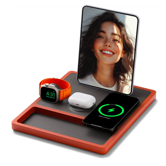 A 4-in-1 MagSafe oak wireless charger with a black and brown color scheme, featuring a section for charging an Apple Watch, a smartphone, and additional wireless charging pads.