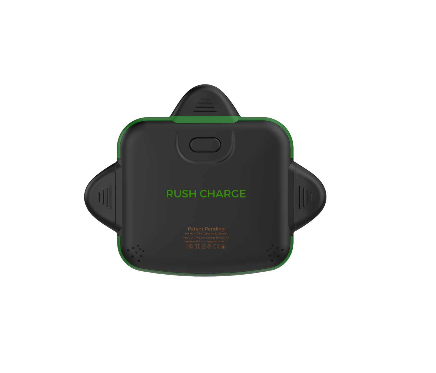 Black and green electronic device with 'Rush Charge' text on a white background