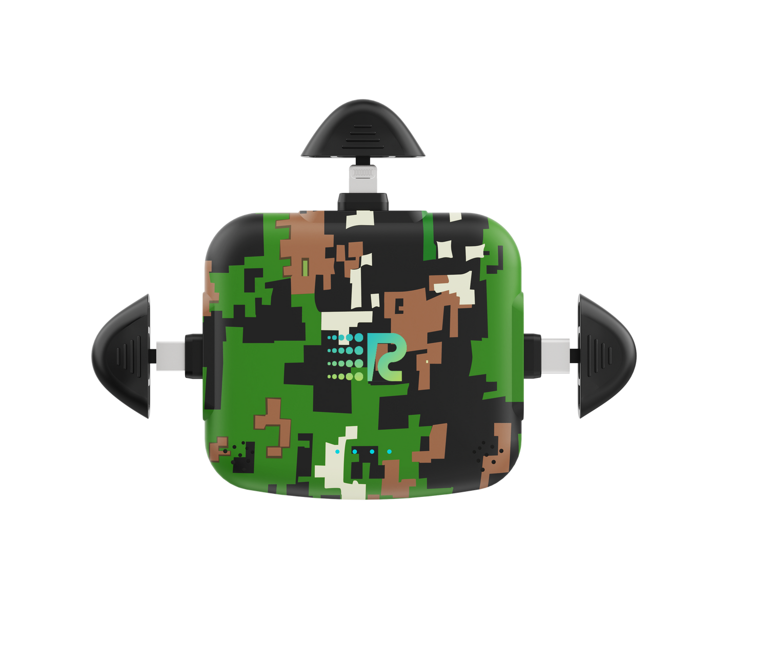 Digital camouflage-patterned device with a logo on a white background