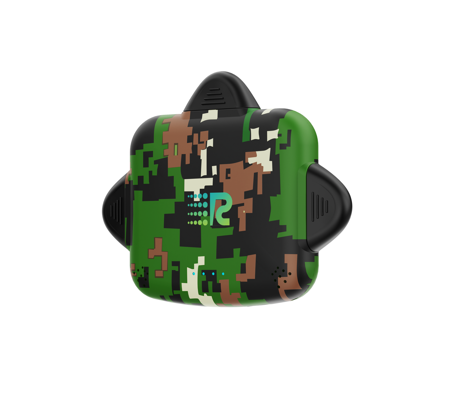 Small electronic device with digital camouflage pattern on a white background