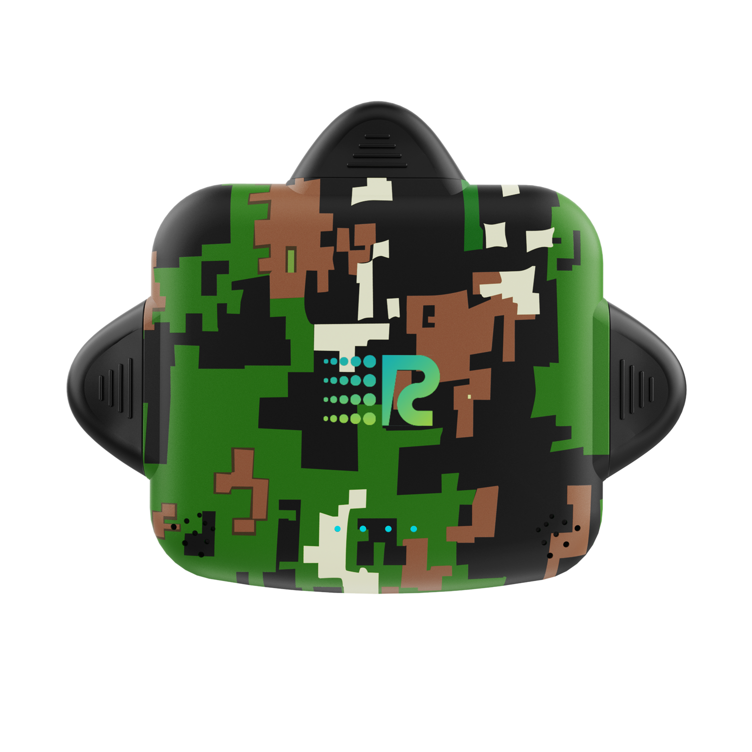 Pixelated green and black device with a logo on a white background