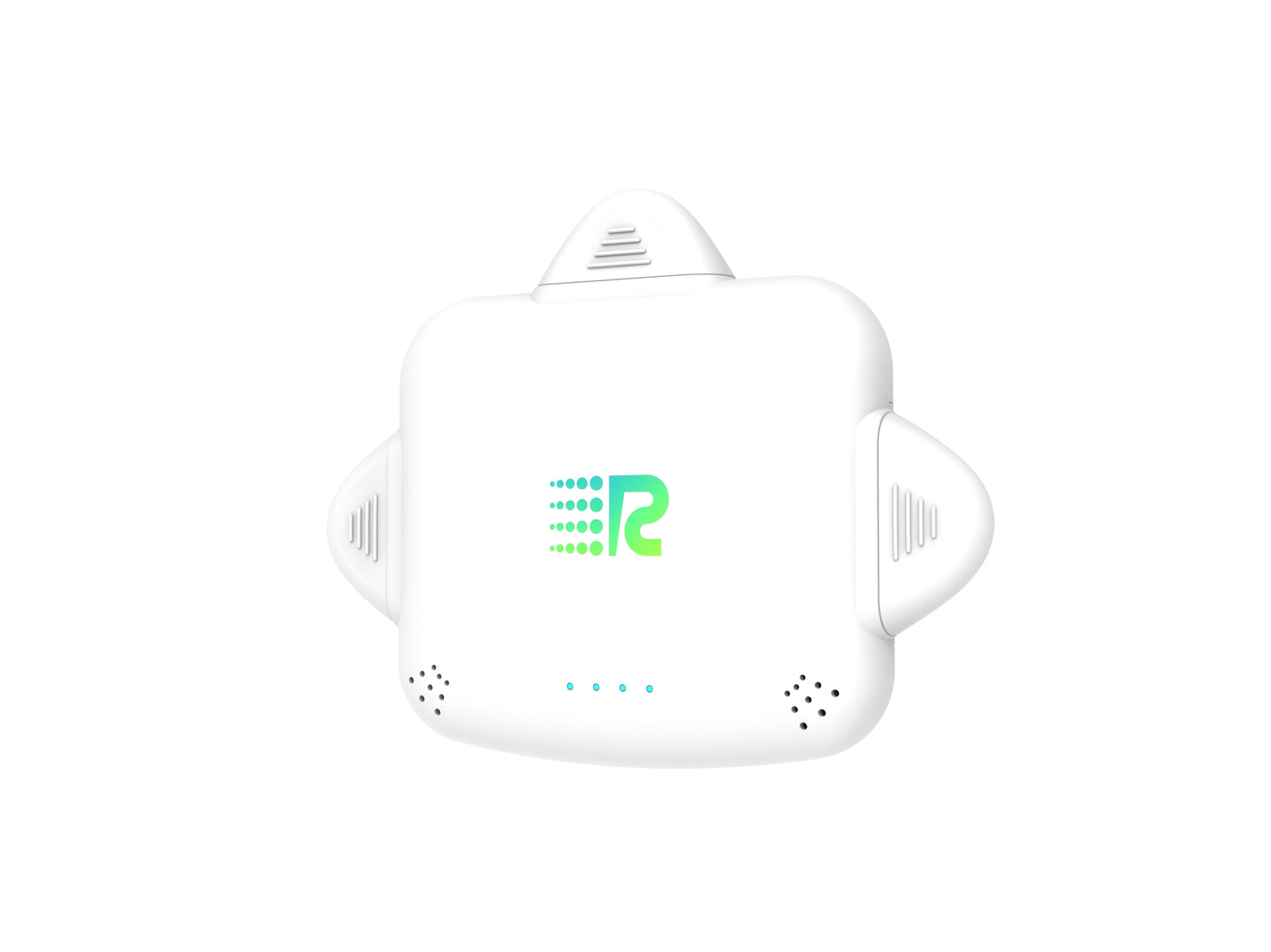 White electronic device with a green logo on a white background