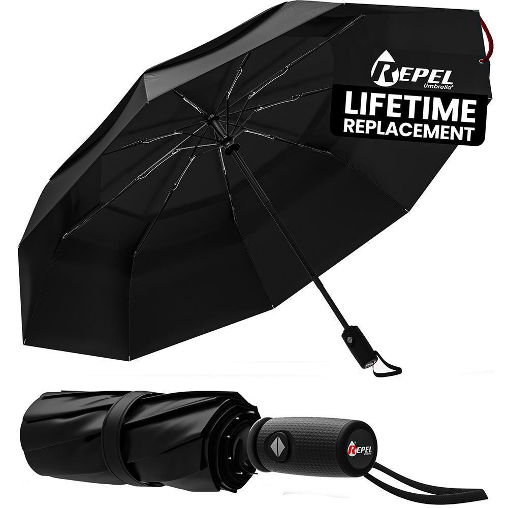 Black umbrella with 'Repel' branding and 'Lifetime Replacement' promise on a white background