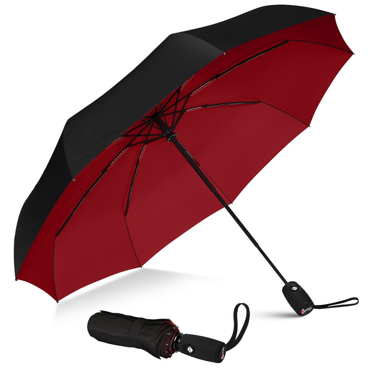 Red and black umbrella with a matching closed version on a white background