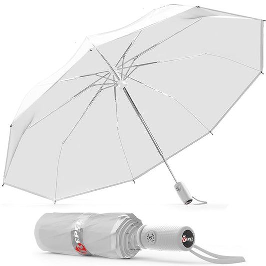 Black umbrella with 'Repel' branding and 'Lifetime Replacement' promise on a white background
