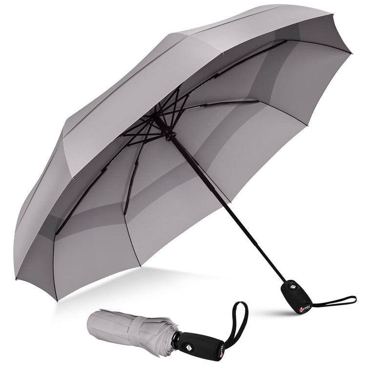 Gray umbrella with black handle and strap on a white background