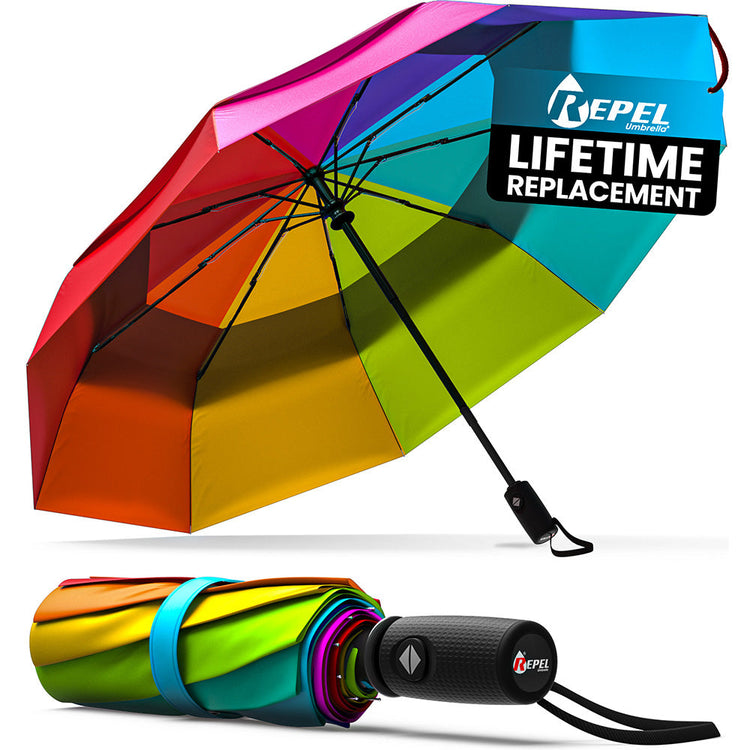 Colorful umbrella with REPEL branding and 'Lifetime Replacement' guarantee on a white background.