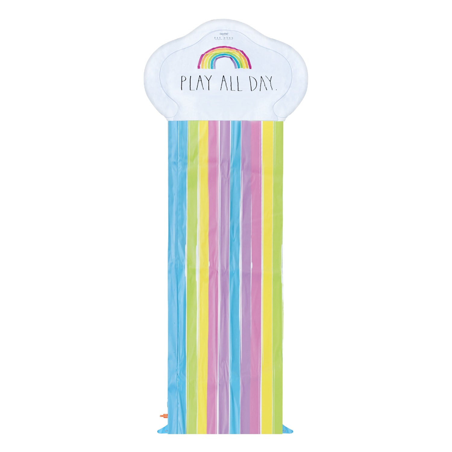 Colorful striped towel with a cloud-shaped handle and 'Play All Day' text on a white background
