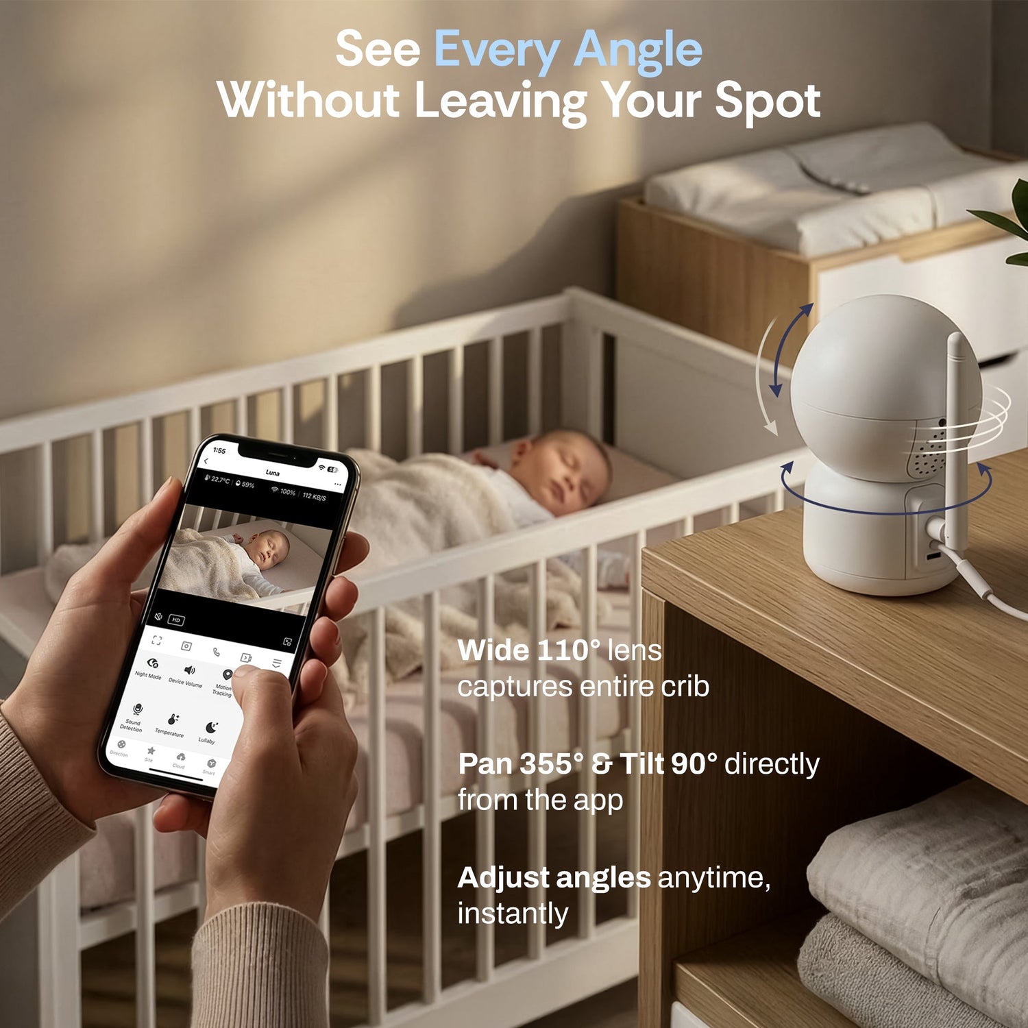 Baby monitor with smartphone app interface in a bedroom setting