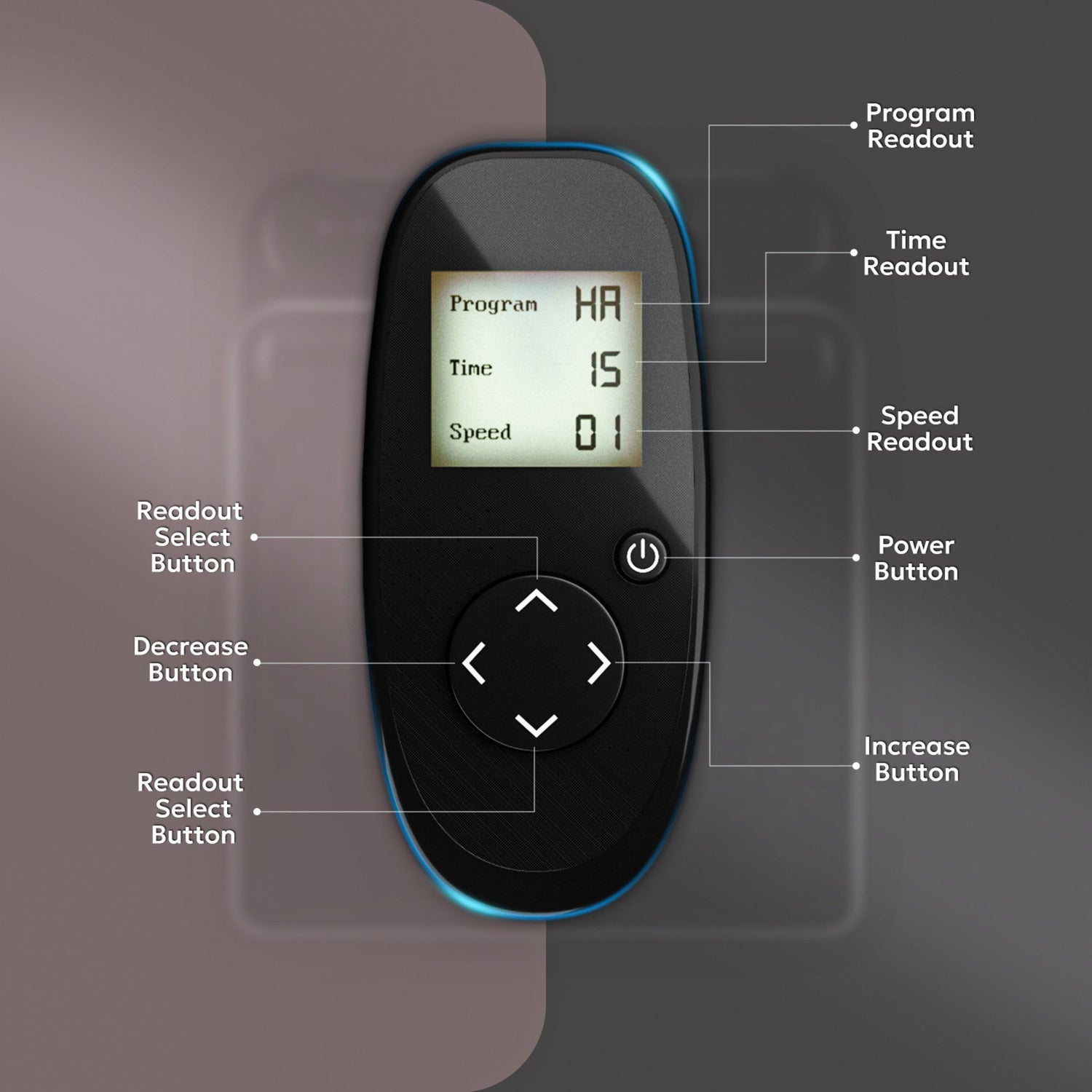 Digital device with labeled buttons and display on a dark background