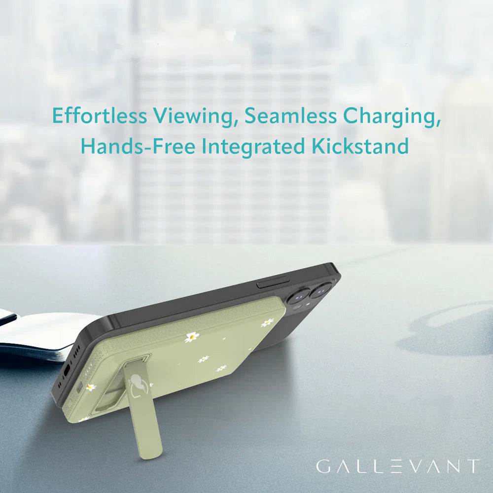 Phone case with integrated kickstand and charging features on a light background, featuring the brand 'Galeivant'.