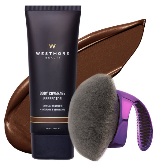 Westmore Beauty Body Coverage Perfector makeup tube shown with a large makeup smear behind it, a makeup brush in front, and a purple-handled applicator on a white background.