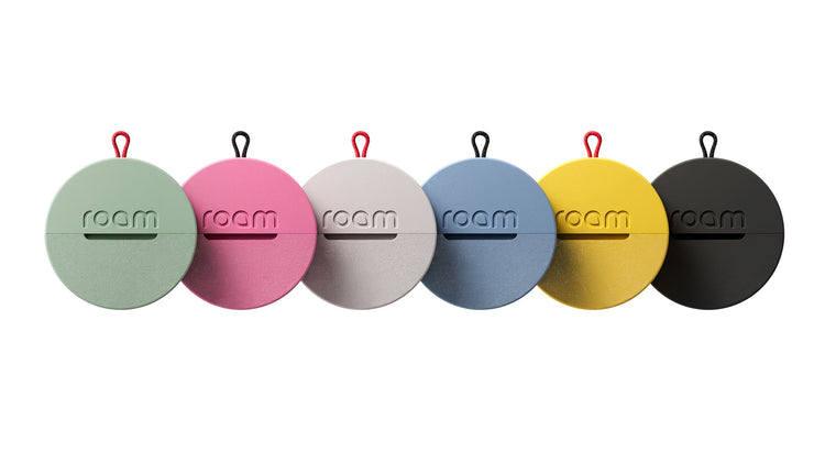 Set of six colorful 'roam' keychains on a white background