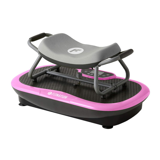 Vibrating exercise platform with pink base and gray seat on a white background