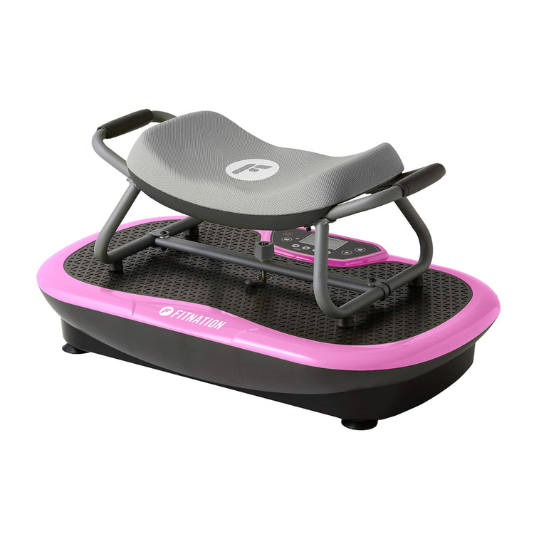 Vibrating exercise platform with pink base and gray seat on a white background