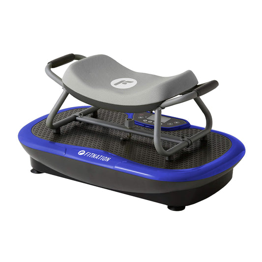 Vibration plate with gray seat and blue base on a white background